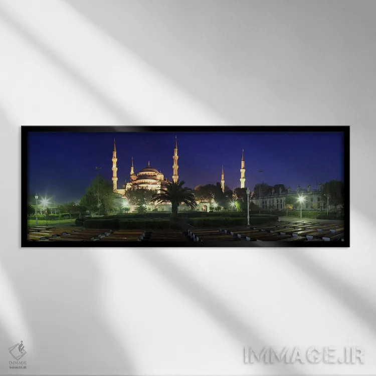 تابلو دکوراتیو مسجد روشن شده در شب، مسجد آبی، استانبول، ترکیه اثر پانورامیک ایمجز - نمای قابدار مشکی