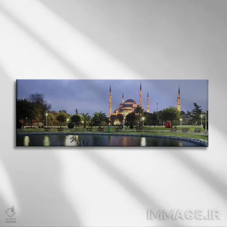 تابلو دکوراتیو مسجد روشن شده در غروب، مسجد آبی، استانبول، ترکیه اثر پانورامیک ایمجز - نمای روبهرو روی دیوار