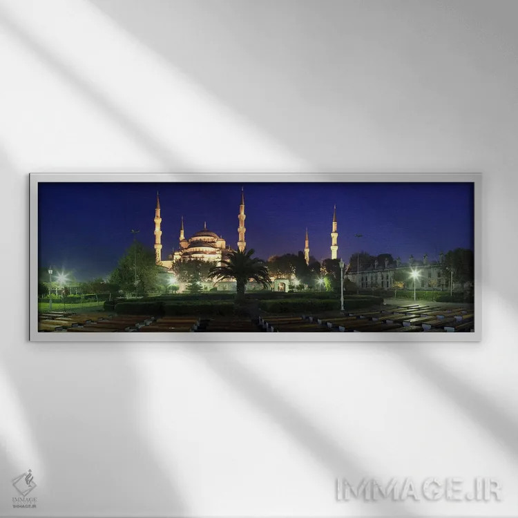 تابلو دکوراتیو مسجد روشن شده در شب، مسجد آبی، استانبول، ترکیه اثر پانورامیک ایمجز - نمای قابدار سفید