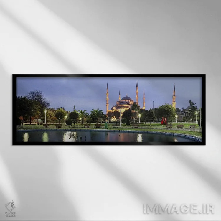 تابلو دکوراتیو مسجد روشن شده در غروب، مسجد آبی، استانبول، ترکیه اثر پانورامیک ایمجز - نمای قابدار مشکی