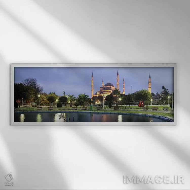 تابلو دکوراتیو مسجد روشن شده در غروب، مسجد آبی، استانبول، ترکیه اثر پانورامیک ایمجز - نمای قابدار سفید
