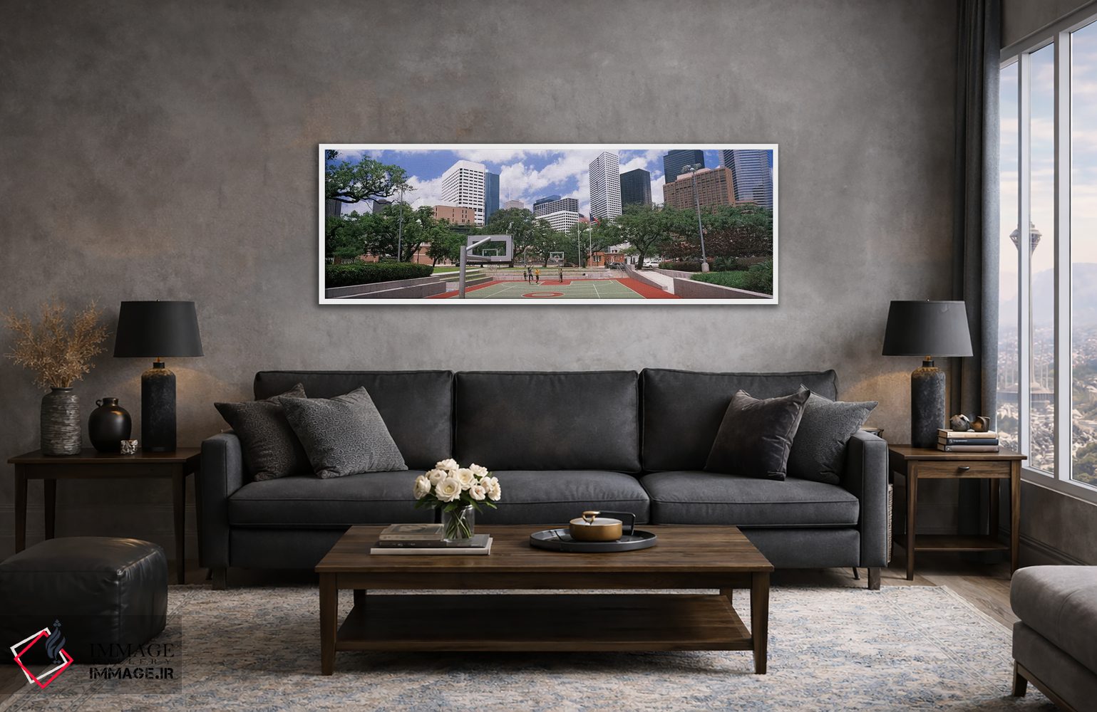 تابلو دکوراتیو زمین بسکتبال با آسمان خراش ها در پس زمینه، هیوستون، تگز… اثر پانورامیک ایمجز - D4W