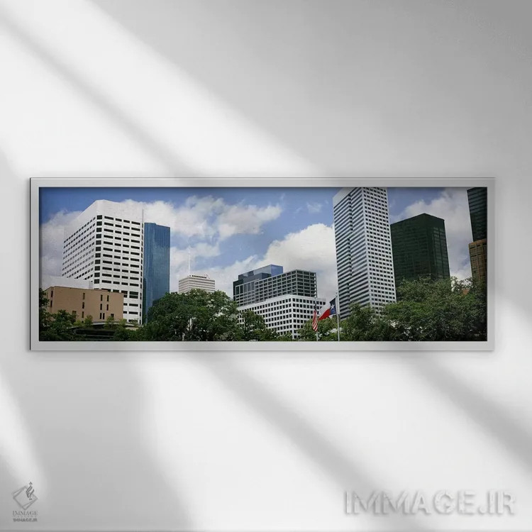 تابلو دکوراتیو آسمان خراش ها در یک شهر، هیوستون، تگزاس، ایالات متحده آ… اثر پانورامیک ایمجز - نمای قابدار سفید