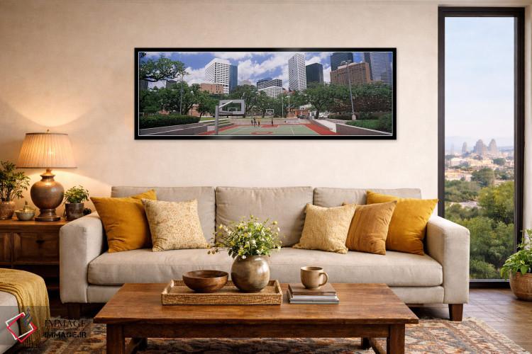 تابلو دکوراتیو زمین بسکتبال با آسمان خراش ها در پس زمینه، هیوستون، تگز… اثر پانورامیک ایمجز - D6B