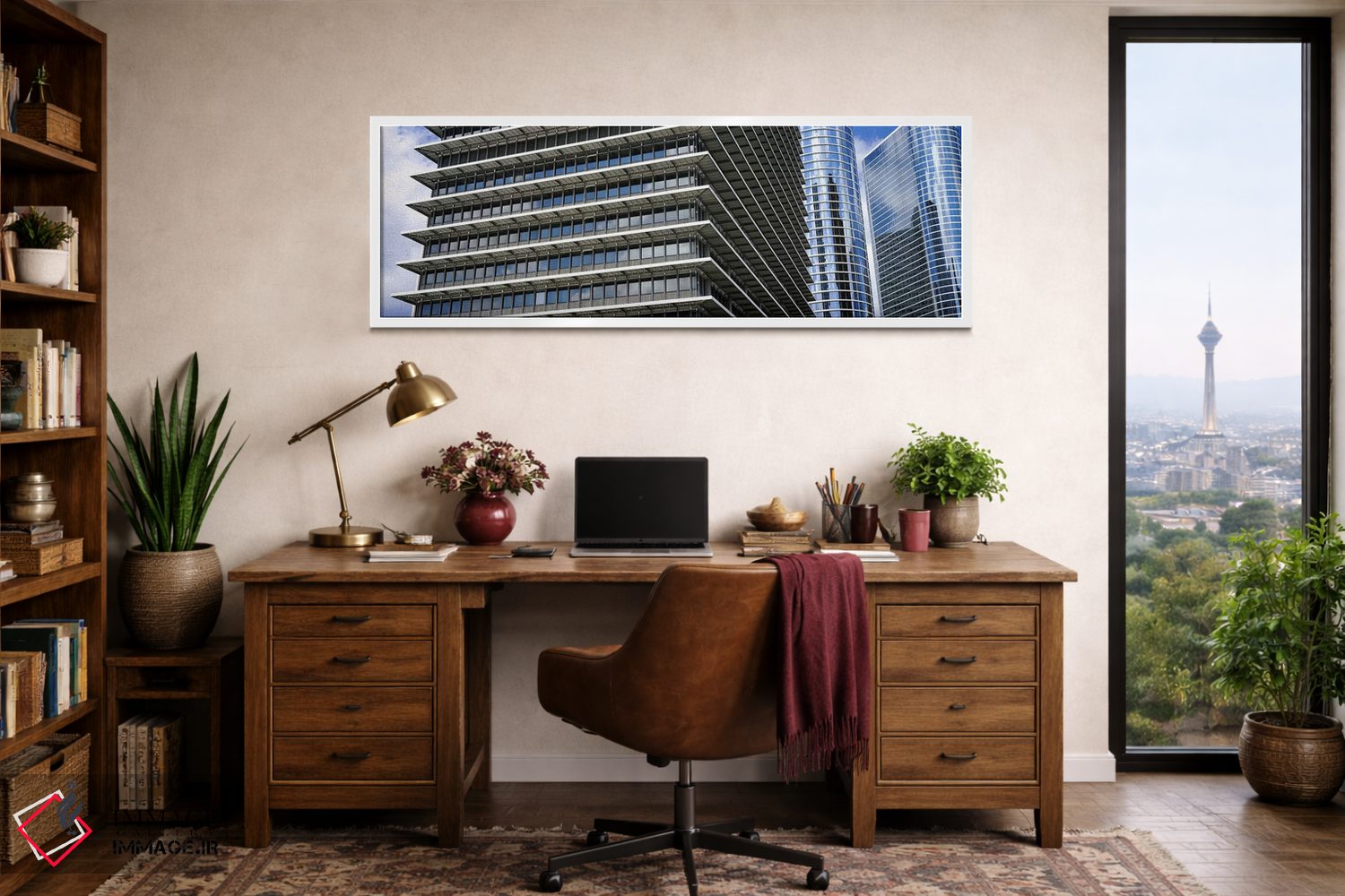 تابلو دکوراتیو نمای پایین از ساختمان ها در یک شهر، ساختمان اکسون موبیل… اثر پانورامیک ایمجز - D1W