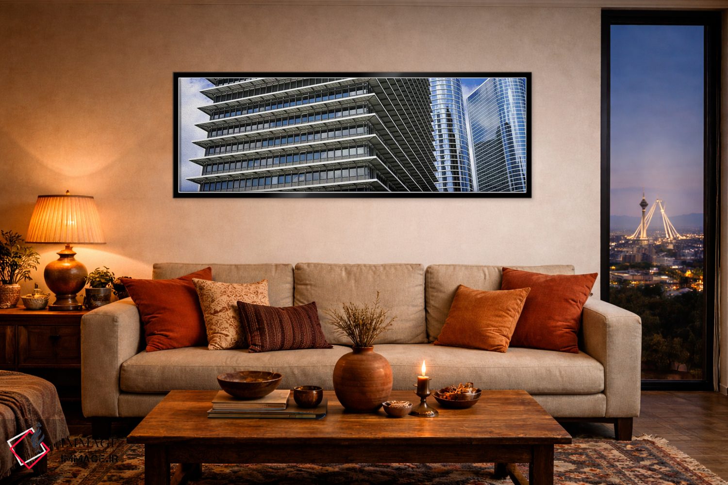 تابلو دکوراتیو نمای پایین از ساختمان ها در یک شهر، ساختمان اکسون موبیل… اثر پانورامیک ایمجز - D4B