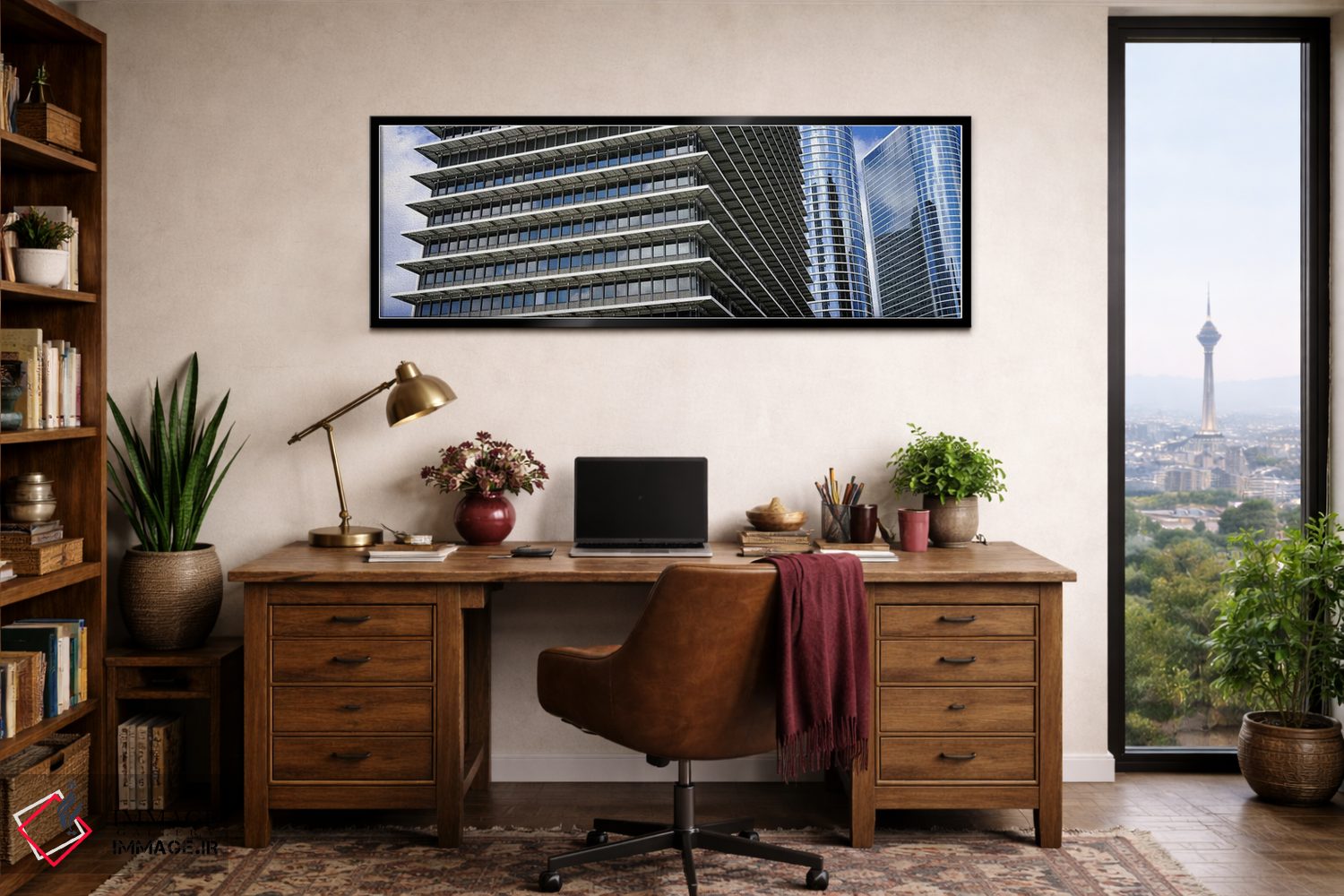 تابلو دکوراتیو نمای پایین از ساختمان ها در یک شهر، ساختمان اکسون موبیل… اثر پانورامیک ایمجز - D2B