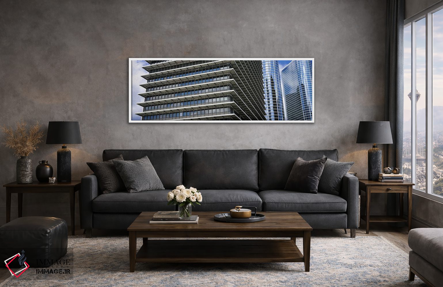 تابلو دکوراتیو نمای پایین از ساختمان ها در یک شهر، ساختمان اکسون موبیل… اثر پانورامیک ایمجز - D3W