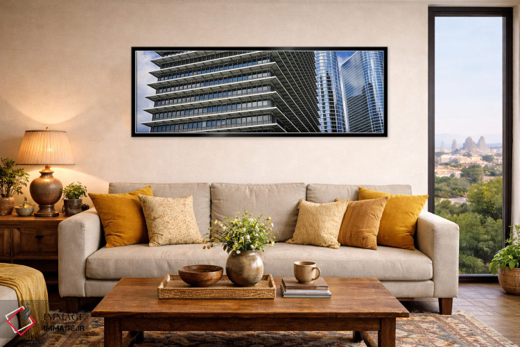 تابلو دکوراتیو نمای پایین از ساختمان ها در یک شهر، ساختمان اکسون موبیل… اثر پانورامیک ایمجز - D5B