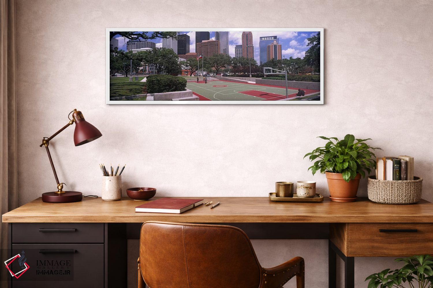 تابلو دکوراتیو زمین بسکتبال با آسمان خراش ها در پس زمینه، هیوستون، تگز… اثر پانورامیک ایمجز - D3W