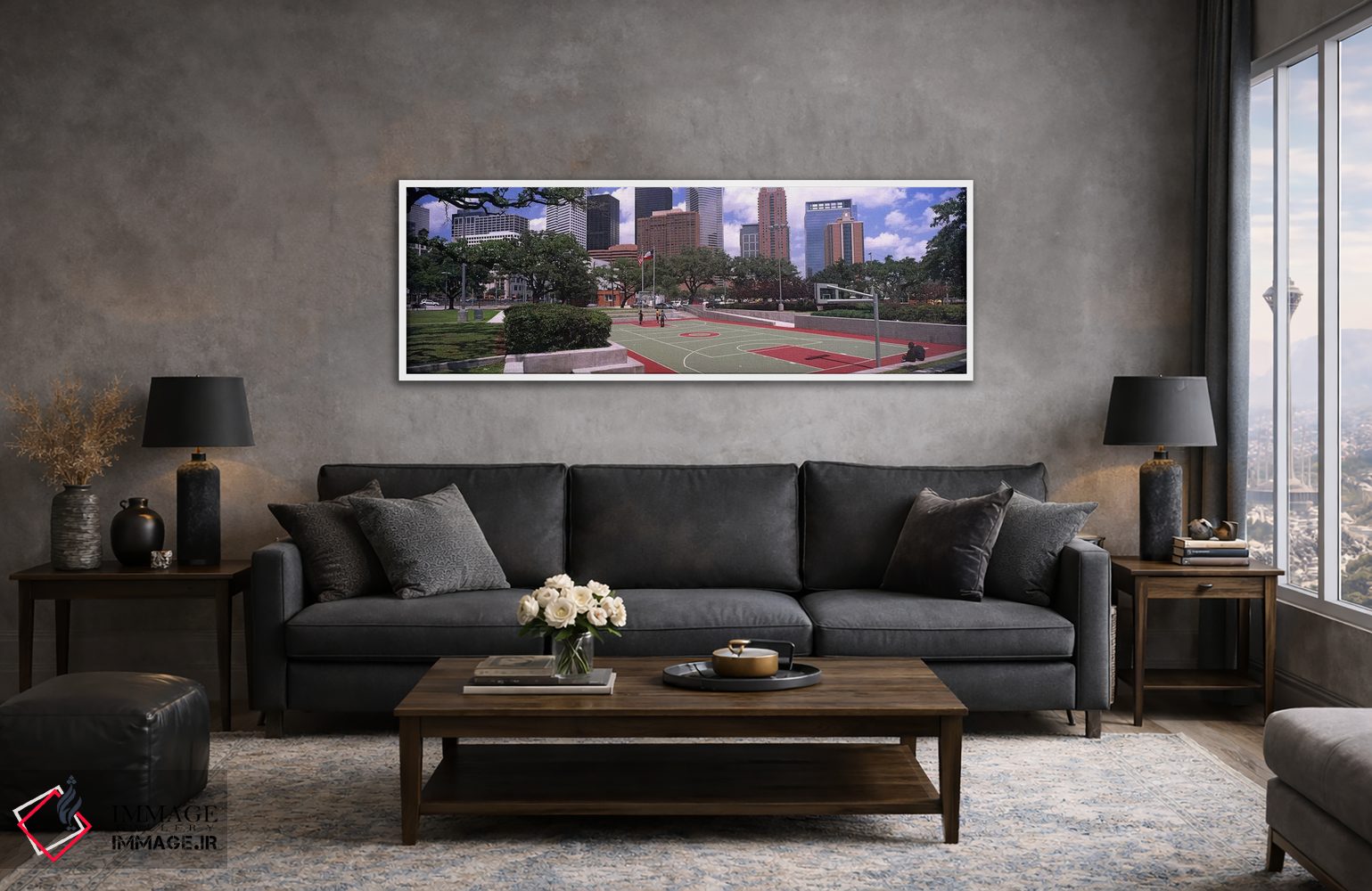 تابلو دکوراتیو زمین بسکتبال با آسمان خراش ها در پس زمینه، هیوستون، تگز… اثر پانورامیک ایمجز - D4W