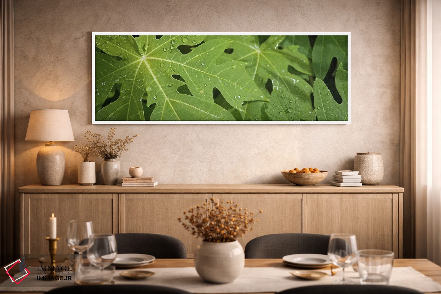 تابلو دکوراتیو قطرات باران روی برگ های درخت پاپایا، لا دیگو، سیشل اثر پانورامیک ایمجز - D1W