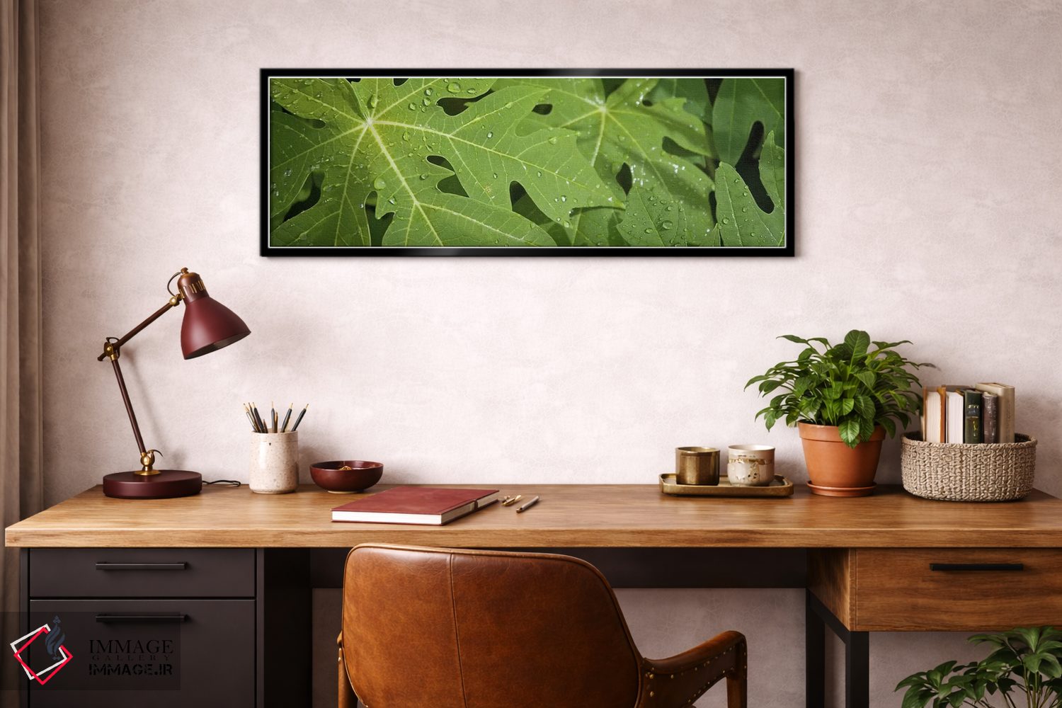 تابلو دکوراتیو قطرات باران روی برگ های درخت پاپایا، لا دیگو، سیشل اثر پانورامیک ایمجز - D2B