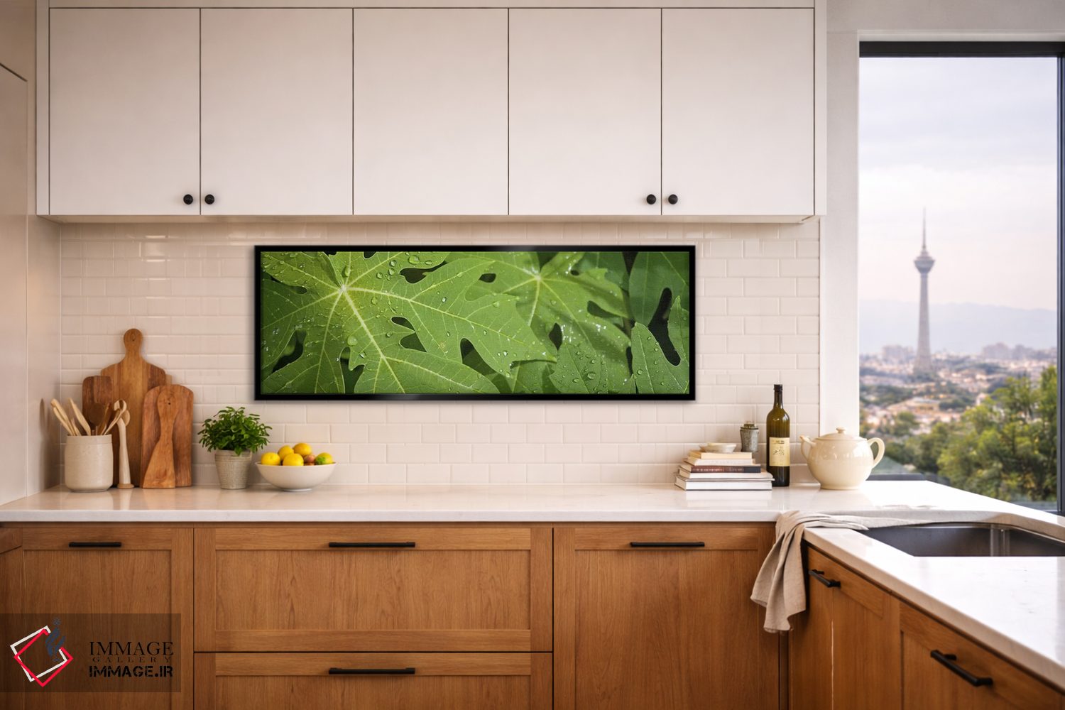 تابلو دکوراتیو قطرات باران روی برگ های درخت پاپایا، لا دیگو، سیشل اثر پانورامیک ایمجز - D5B