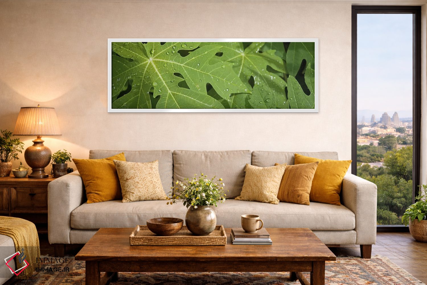 تابلو دکوراتیو قطرات باران روی برگ های درخت پاپایا، لا دیگو، سیشل اثر پانورامیک ایمجز - D4W