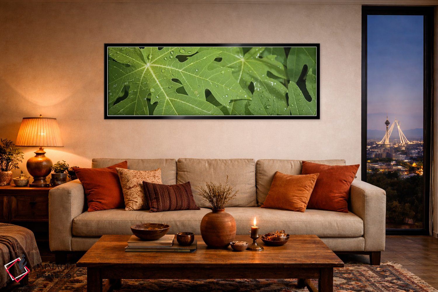 تابلو دکوراتیو قطرات باران روی برگ های درخت پاپایا، لا دیگو، سیشل اثر پانورامیک ایمجز - D6B