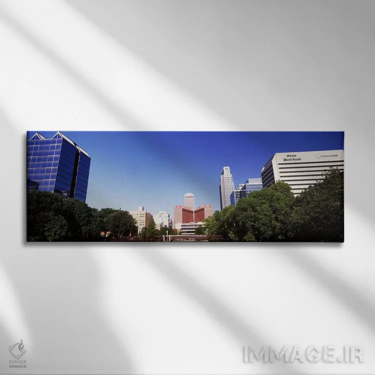 تابلو دکوراتیو ساختمان ها در یک شهر، ساختمان کوئست، اوماها، نبراسکا، ا… اثر پانورامیک ایمجز - نمای روبهرو روی دیوار