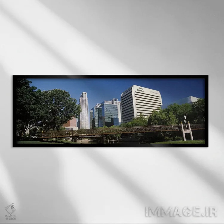 تابلو دکوراتیو ساختمان ها در کنار آب، ساختمان کوئست، اوماها، نبراسکا… اثر پانورامیک ایمجز - نمای قابدار مشکی