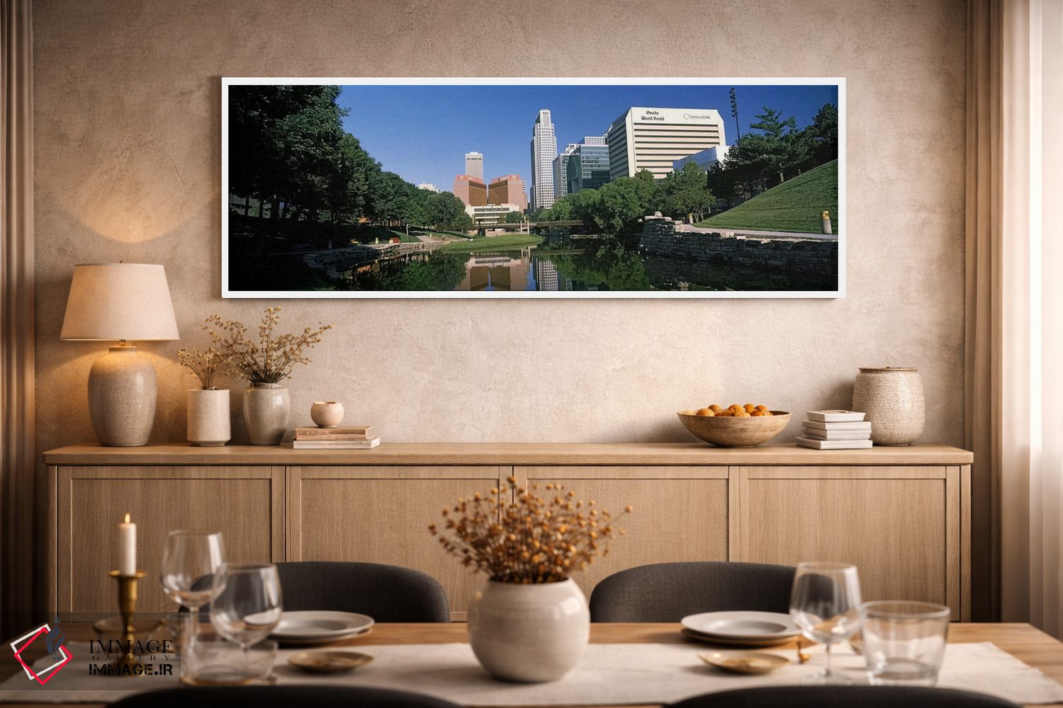 تابلو دکوراتیو ساختمان ها در کنار آب، ساختمان کوئست، اوماها، نبراسکا… اثر پانورامیک ایمجز - D2W