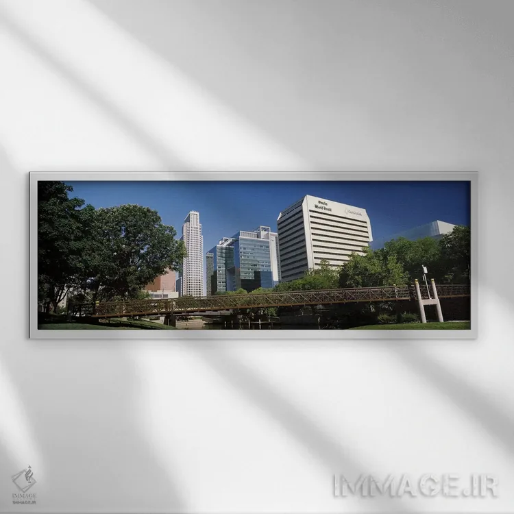 تابلو دکوراتیو ساختمان ها در کنار آب، ساختمان کوئست، اوماها، نبراسکا… اثر پانورامیک ایمجز - نمای قابدار سفید