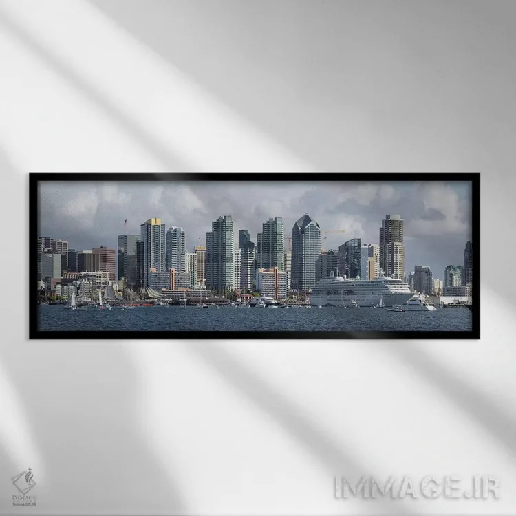 تابلو دکوراتیو ساختمان ها در کنار آب، سن دیگو، کالیفرنیا، ایالات متحده… اثر پانورامیک ایمجز - نمای قابدار مشکی