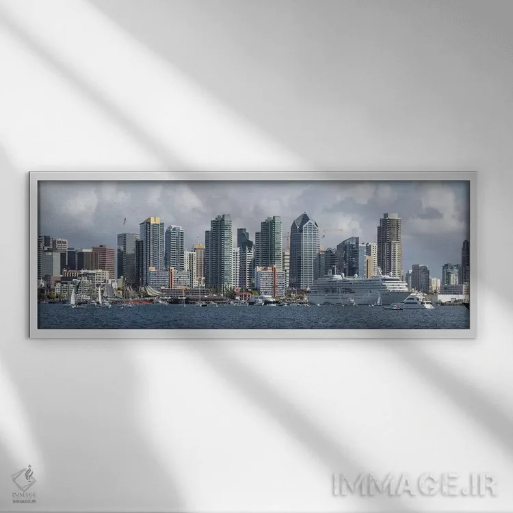 تابلو دکوراتیو ساختمان ها در کنار آب، سن دیگو، کالیفرنیا، ایالات متحده… اثر پانورامیک ایمجز - نمای قابدار سفید
