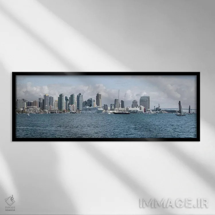 تابلو دکوراتیو ساختمان ها در کنار آب، سن دیگو، کالیفرنیا، ایالات متحده… اثر پانورامیک ایمجز - نمای قابدار مشکی