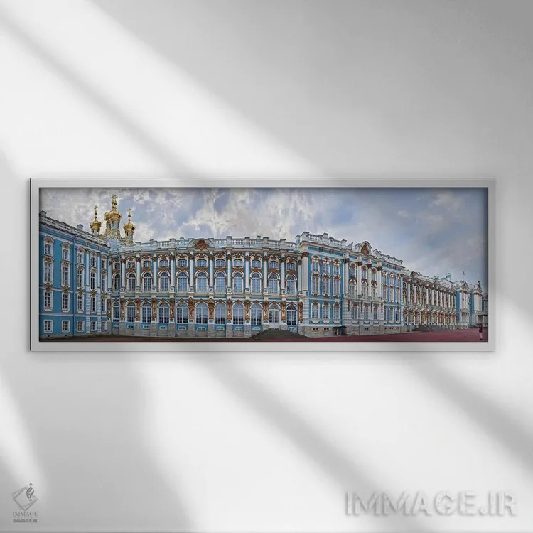 تابلو دکوراتیو حیاط کاخ کاترین، تسارسکویه سلو، سن پترزبورگ، روسیه اثر پانورامیک ایمجز - نمای قابدار سفید