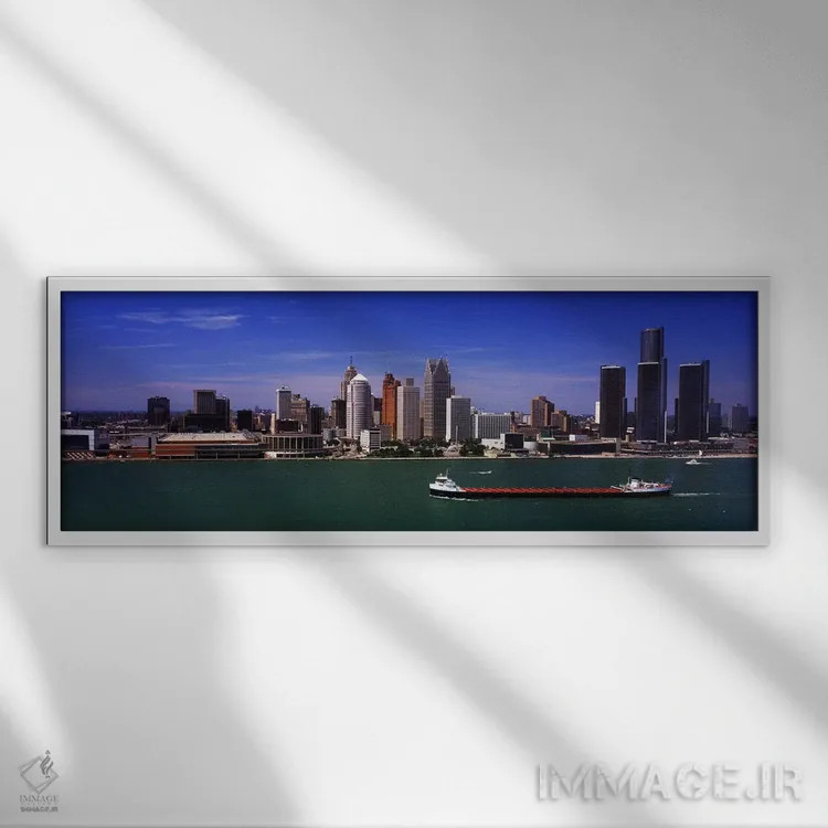 تابلو دکوراتیو Detroit, Michigan, USA" - "ساختمان ها در کنار ساحل، دیت… اثر پانورامیک ایمجز - نمای قابدار سفید
