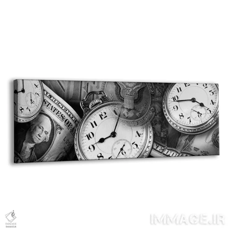 تابلو دکوراتیو ساعت ها و اسکناس های دلار در سیاه و سفید اثر پانورامیک ایمجز - نمای پرسپکتیو محصول