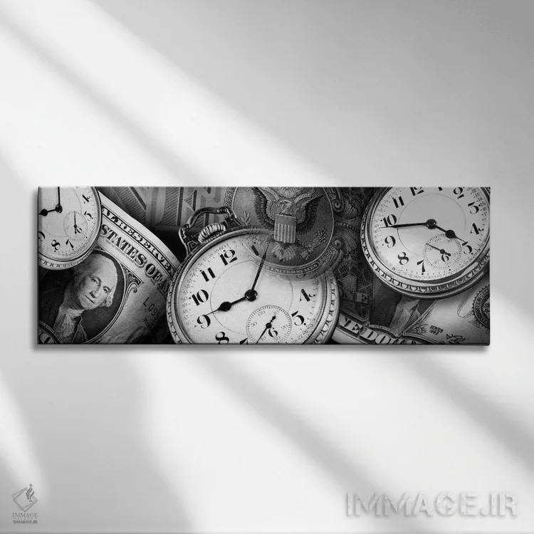 تابلو دکوراتیو ساعت ها و اسکناس های دلار در سیاه و سفید اثر پانورامیک ایمجز - نمای روبهرو روی دیوار