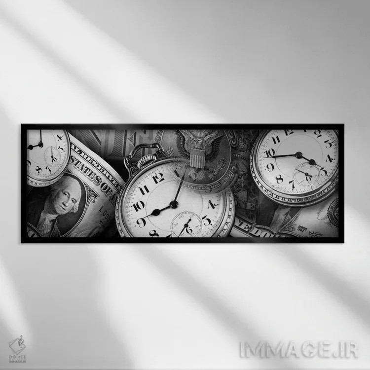 تابلو دکوراتیو ساعت ها و اسکناس های دلار در سیاه و سفید اثر پانورامیک ایمجز - نمای قابدار مشکی