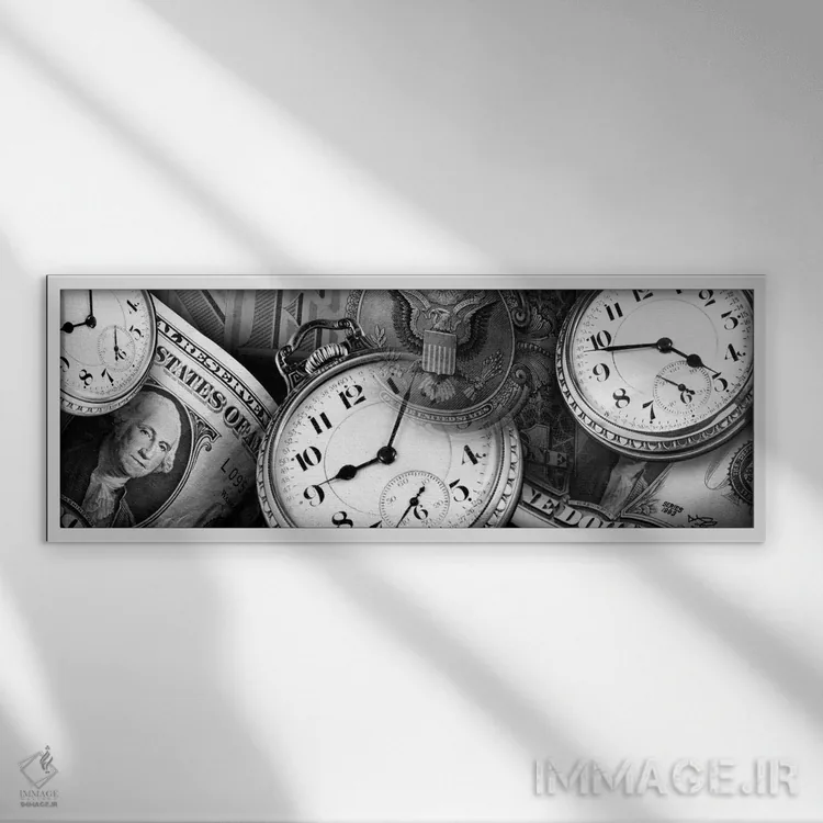 تابلو دکوراتیو ساعت ها و اسکناس های دلار در سیاه و سفید اثر پانورامیک ایمجز - نمای قابدار سفید
