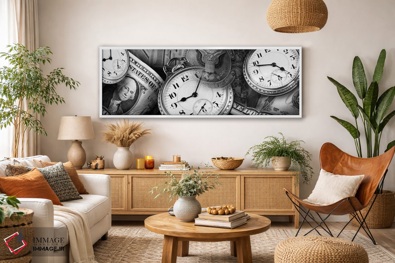 تابلو دکوراتیو ساعت ها و اسکناس های دلار در سیاه و سفید اثر پانورامیک ایمجز - D3W