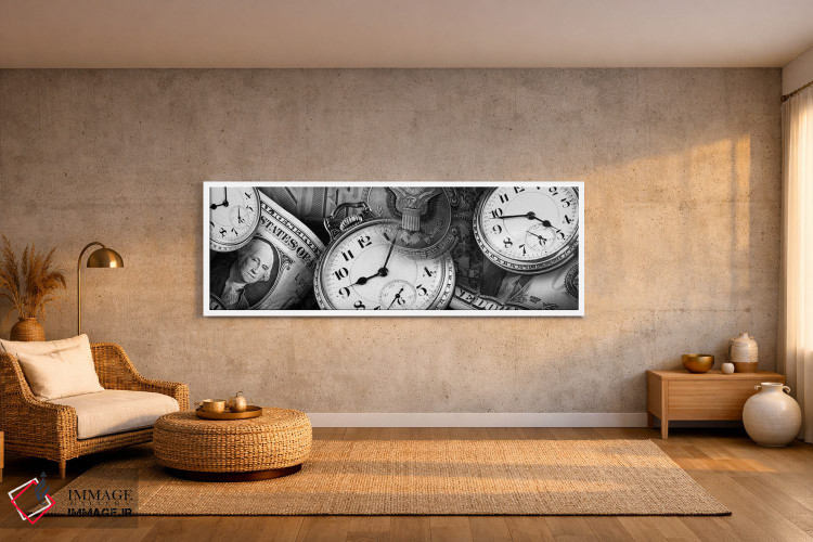 تابلو دکوراتیو ساعت ها و اسکناس های دلار در سیاه و سفید اثر پانورامیک ایمجز - D1W