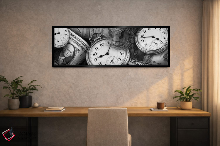 تابلو دکوراتیو ساعت ها و اسکناس های دلار در سیاه و سفید اثر پانورامیک ایمجز - D2B