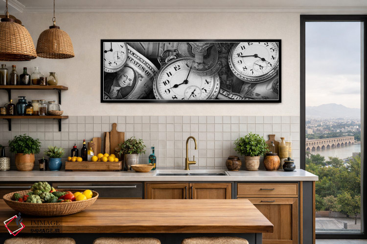 تابلو دکوراتیو ساعت ها و اسکناس های دلار در سیاه و سفید اثر پانورامیک ایمجز - D4B