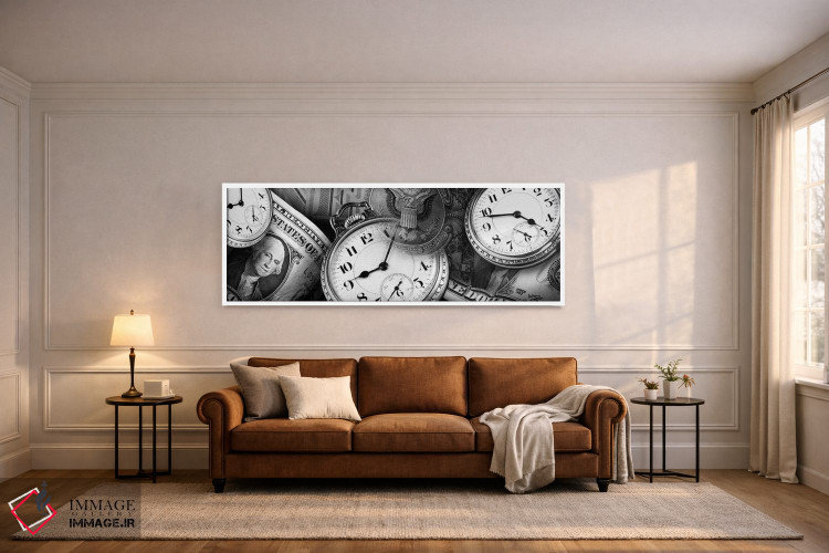 تابلو دکوراتیو ساعت ها و اسکناس های دلار در سیاه و سفید اثر پانورامیک ایمجز - D5W