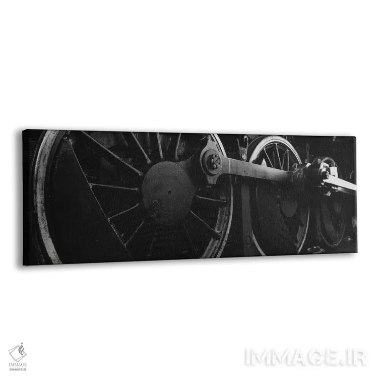 تابلو دکوراتیو چرخ های محرک لکوموتیو بخار در سیاه و سفید اثر پانورامیک ایمجز - نمای پرسپکتیو محصول