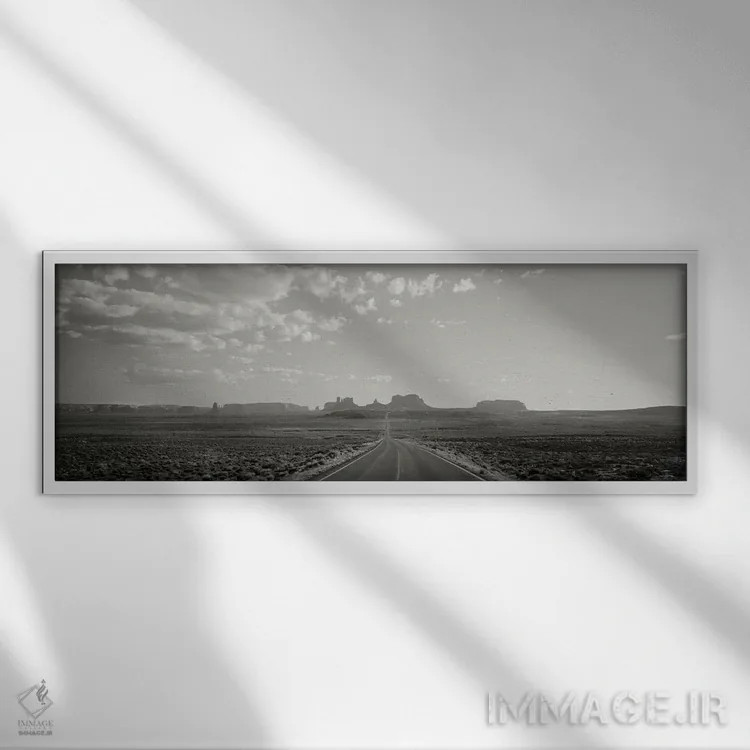 تابلو دکوراتیو Monument Valley, Utah, USA" - "جاده طولانی، دره یادبود… اثر پانورامیک ایمجز - نمای قابدار سفید