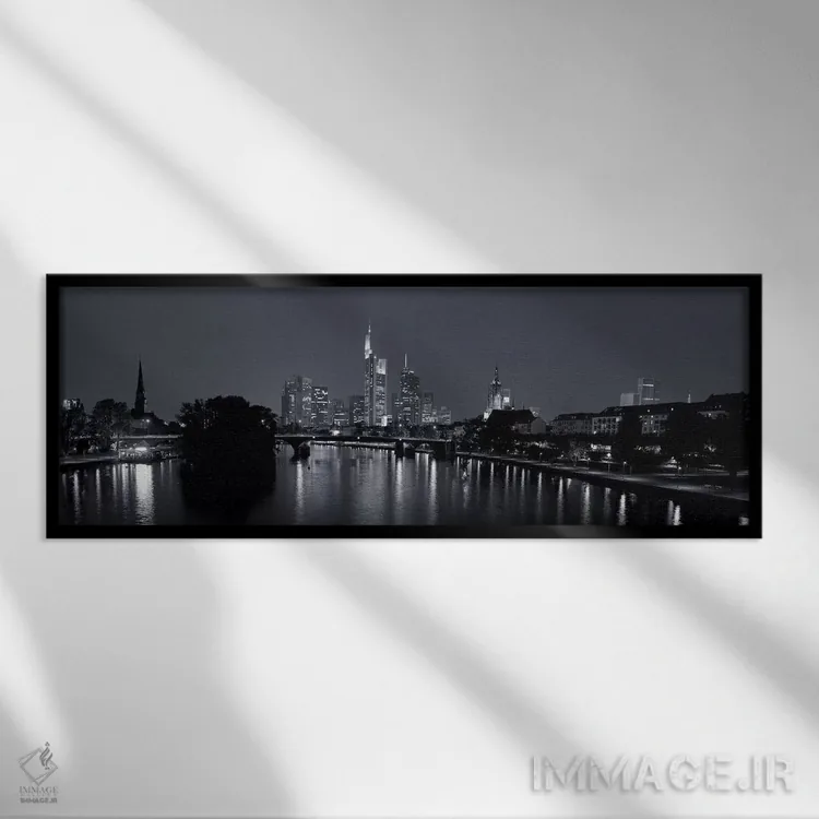 تابلو دکوراتیو Main River, Frankfurt, Hesse, Germany" - "بازتاب ساختما… اثر پانورامیک ایمجز - نمای قابدار مشکی