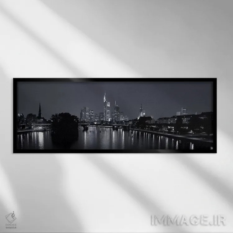 تابلو دکوراتیو Main River, Frankfurt, Hesse, Germany" - "بازتاب ساختما… اثر پانورامیک ایمجز - نمای قابدار مشکی
