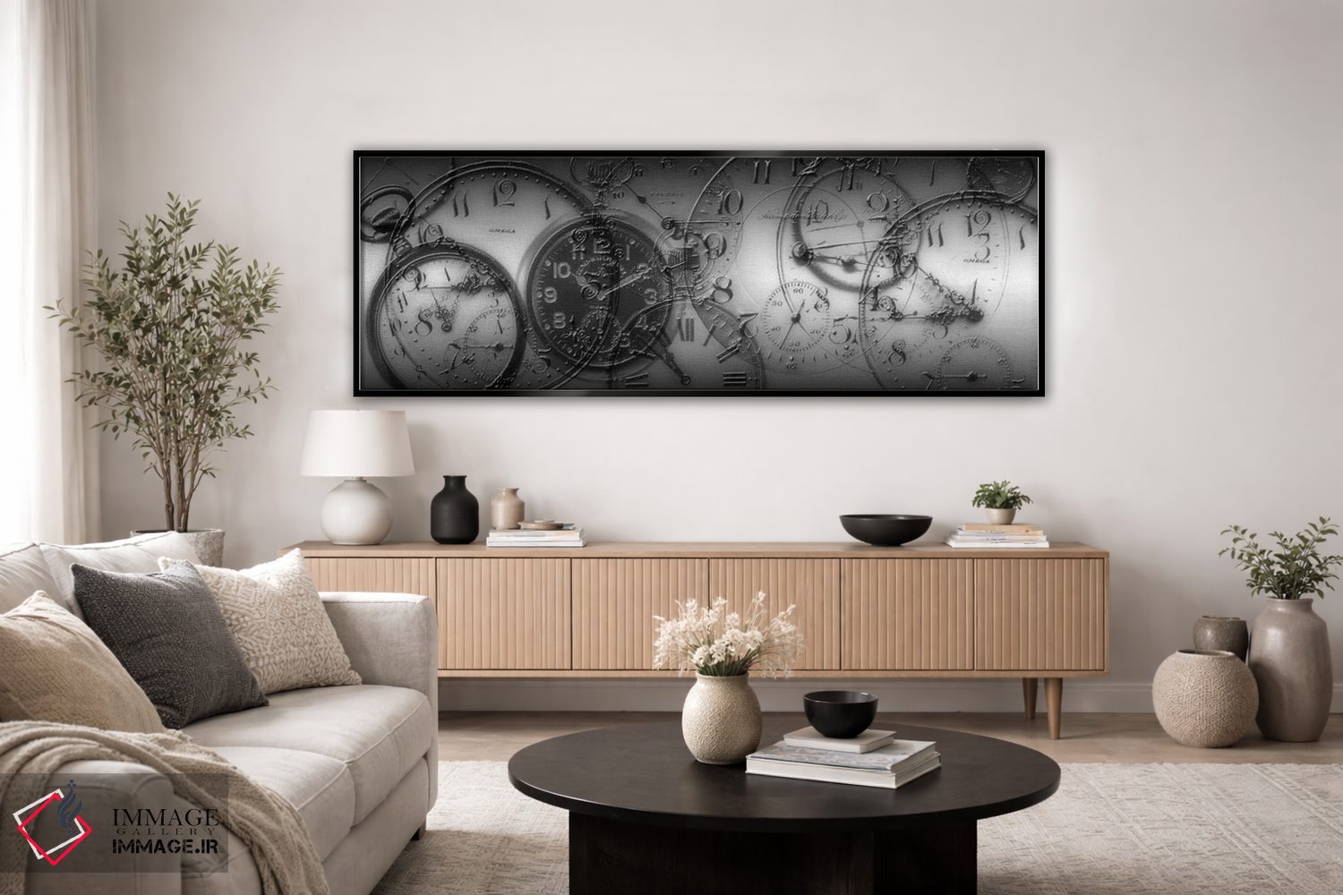 تابلو دکوراتیو مونتاژ ساعت جیبی قدیمی در سیاه و سفید اثر پانورامیک ایمجز - D5B