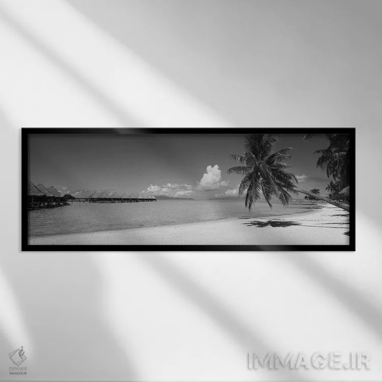 تابلو دکوراتیو درخت نخل روی ساحل، ساحل موانا، بورابورا، تاهیتی، پلی نز… اثر پانورامیک ایمجز - نمای قابدار مشکی