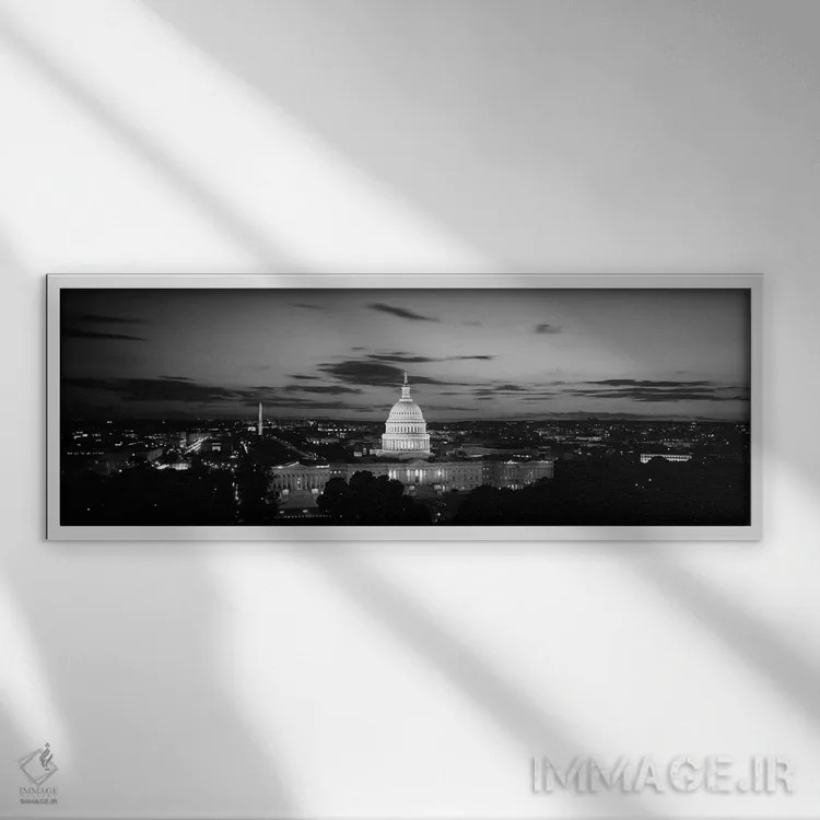 تابلو دکوراتیو ساختمان دولتی روشن شده در شب، ساختمان کنگره ایالات متحد… اثر پانورامیک ایمجز - نمای قابدار سفید