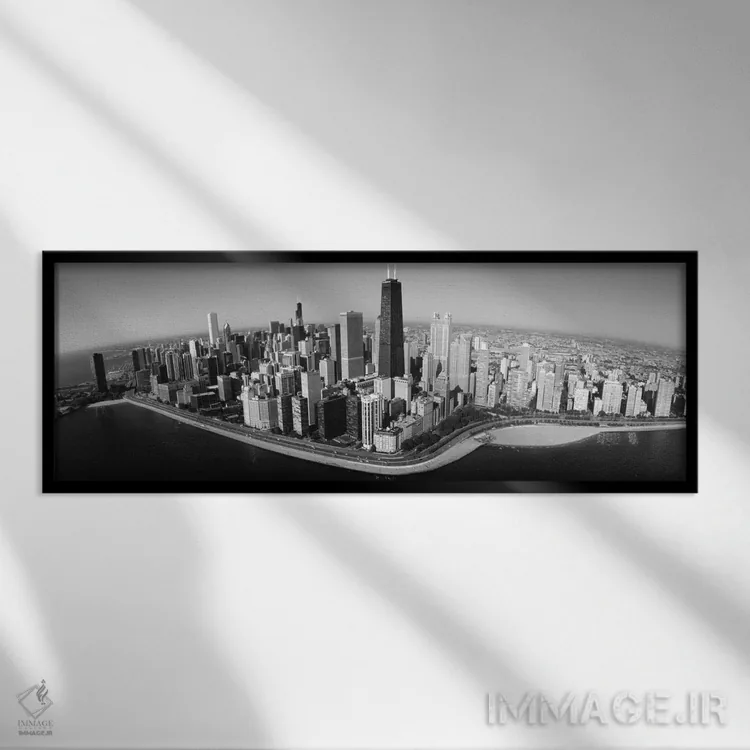 تابلو دکوراتیو نمای هوایی ساختمان ها در یک شهر، دریاچه میشیگان، جاده س… اثر پانورامیک ایمجز - نمای قابدار مشکی