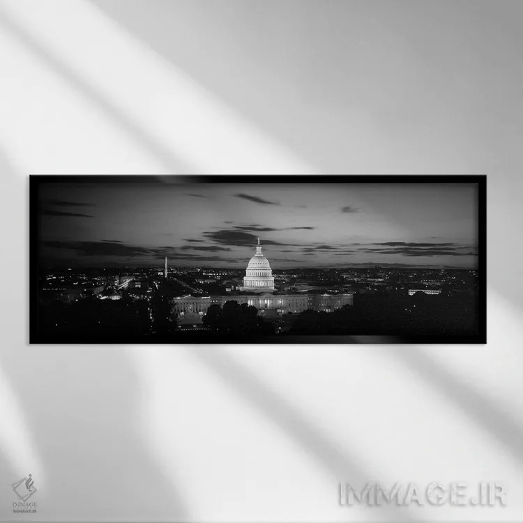 تابلو دکوراتیو ساختمان دولتی روشن شده در شب، ساختمان کنگره ایالات متحد… اثر پانورامیک ایمجز - نمای قابدار مشکی