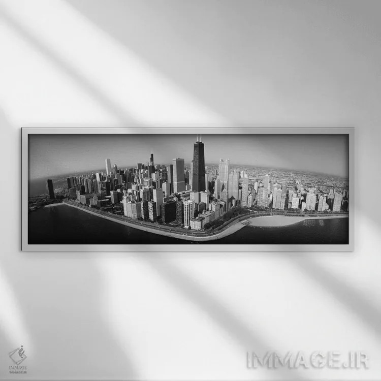 تابلو دکوراتیو نمای هوایی ساختمان ها در یک شهر، دریاچه میشیگان، جاده س… اثر پانورامیک ایمجز - نمای قابدار سفید