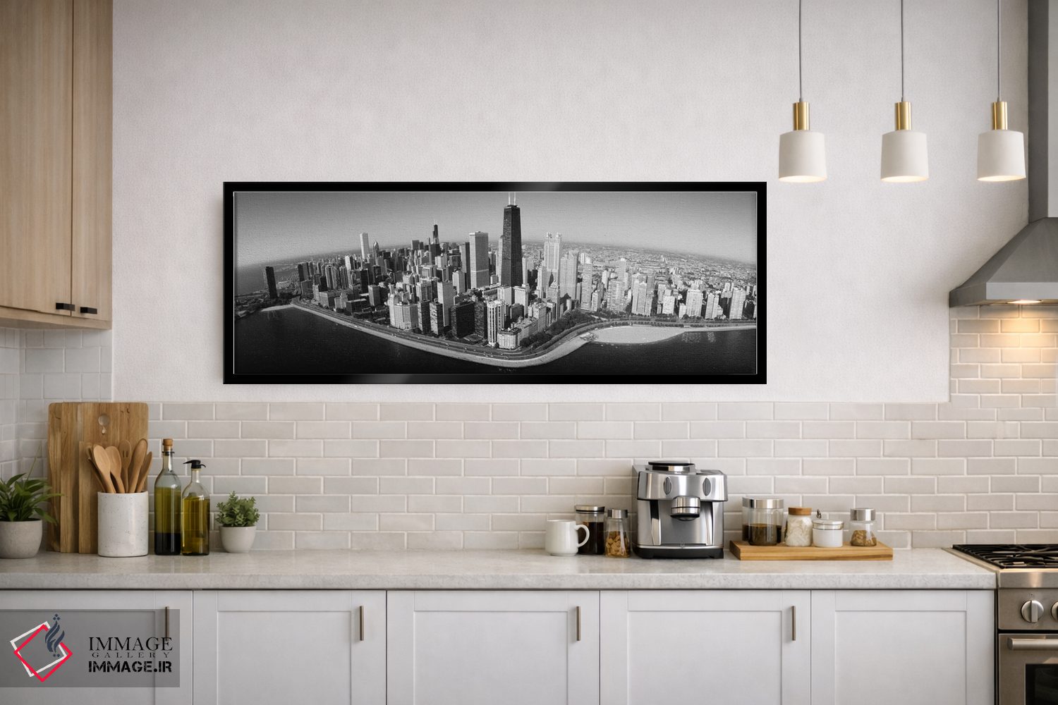 تابلو دکوراتیو نمای هوایی ساختمان ها در یک شهر، دریاچه میشیگان، جاده س… اثر پانورامیک ایمجز - D2B