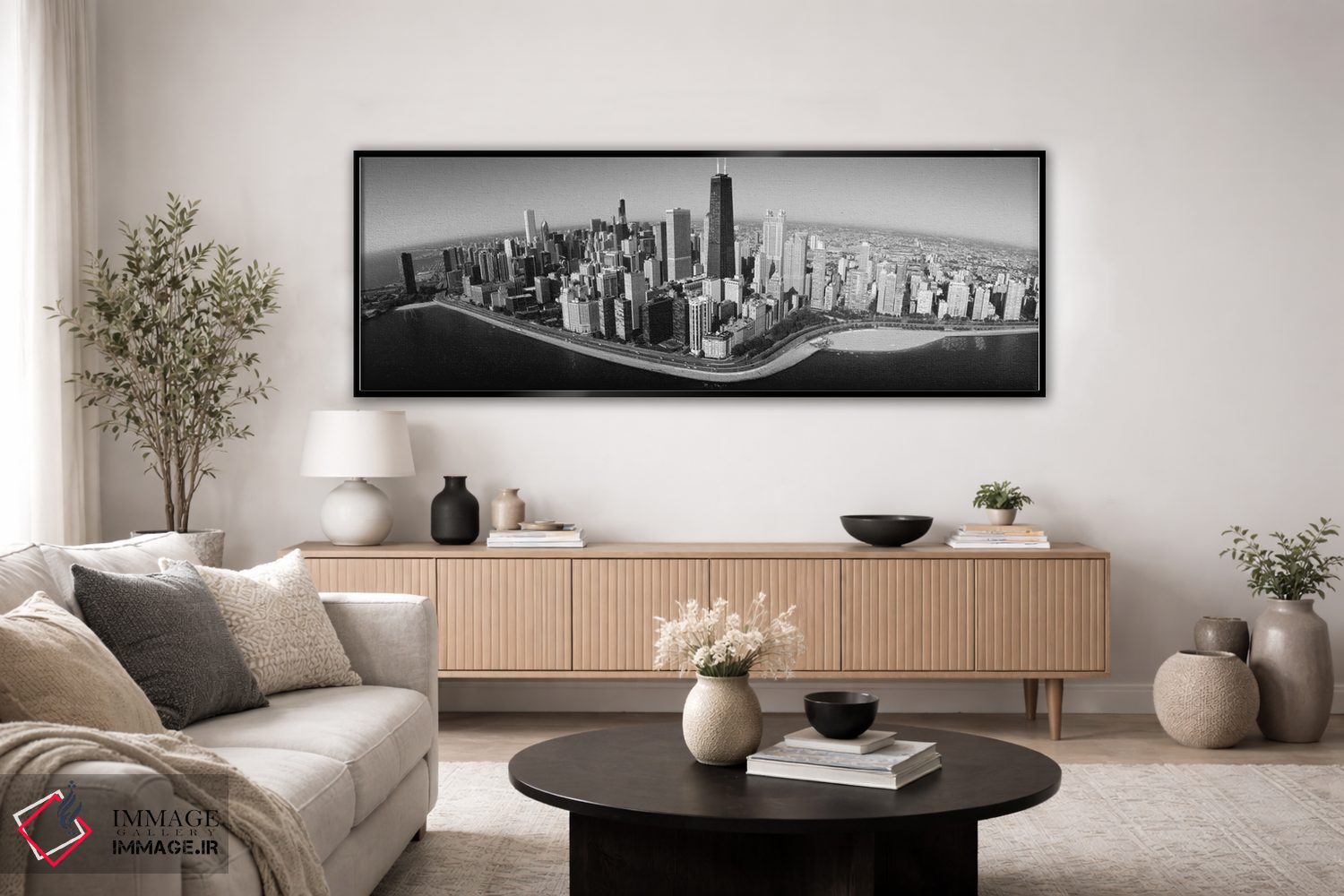 تابلو دکوراتیو نمای هوایی ساختمان ها در یک شهر، دریاچه میشیگان، جاده س… اثر پانورامیک ایمجز - D5B